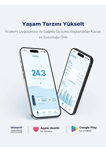 Waterh Boost Akıllı Termos Hidrasyon Takibi Yapan, Yalıtımlı 0.95 L / 32oz Akıllı Şişe Siyah