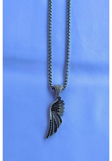 Taşlı Kanat El İşçiliği Paslanmaz Çelik Zincir Erkek Kolye Gümüş