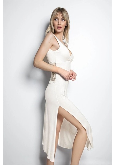 Monamise 19162 Kadın Kalın Askılı Göğüs Ve Sırt Dekolteli Brode Dantelli Yırtmaçlı Gecelik -ekru Ekru