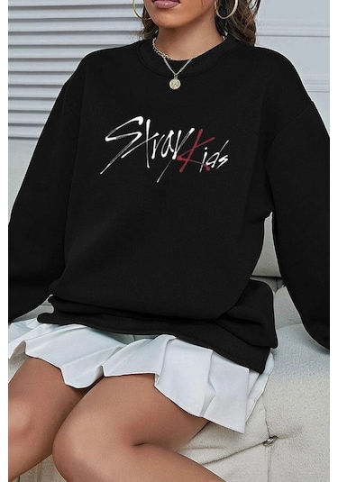 Seuscraft Unisex Siyah Stray Kids Baskı Oversize Bisiklet Yaka Sweatshirt SIYAH