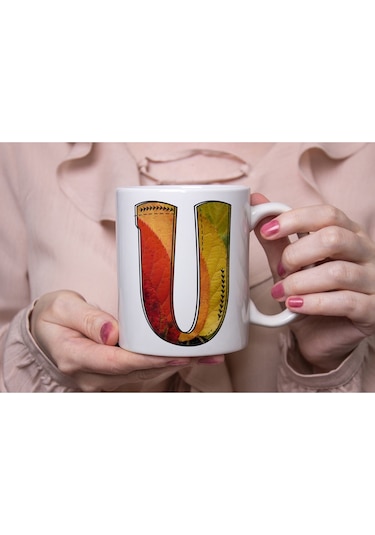 U Harf Yaprak Renkleri İle Kupa Bardak - Kişiye Özel Alfabe Harfli Bardak - Hediye Beyaz