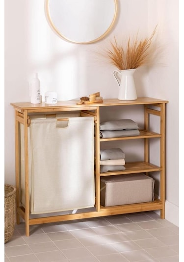 Digithome Bambu 3 Raflı 1 Bölmeli Kirli Sepetli Banyo Düzenleyici Çamaşır Sepeti Organizer Db-0008 Ahşap