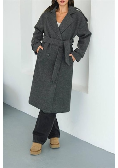 Neşeli Butik Kadın Omuz Detaylı Antrasit Kaşe Kaban Nbmylk34 Antrasit