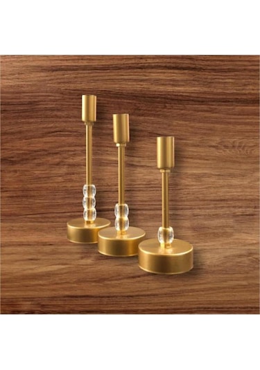 Üçlü Metal Mumluk Gold Boyalı Sarı