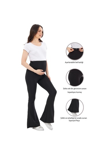 Luvmabelly Myra8120 Toparlayıcı İnce Dalgıç İspanyol Paça Beli Ayarlanabilir Hamile Tayt Siyah