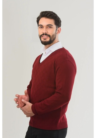Kamalı Bordo Erkek V Yaka Triko Uzun Kol Standart Fit Tüylenmeyen Triko Kışlık Örgü Kazak Bordo