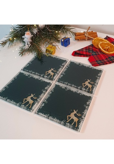Decorita Cam Bardak Altlığı Yeni Yıl Kar Çerçeveli 4'lü Takım Çok Renkli