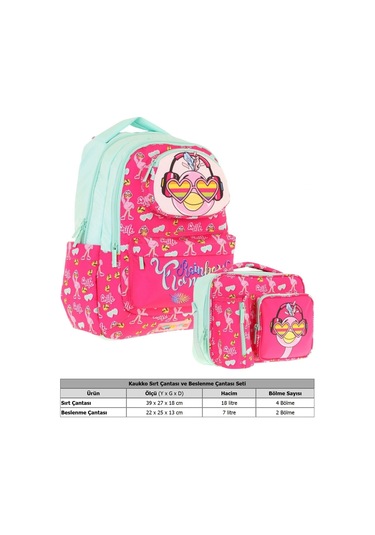 Kaukko Kız Çocuk 3d Flamingo Şekilli Kırmızı Yeşil Okul Sırt Çantası Ve Isı Yalıtımlı Beslenme Çantası Seti Kırmızı - Yeşil