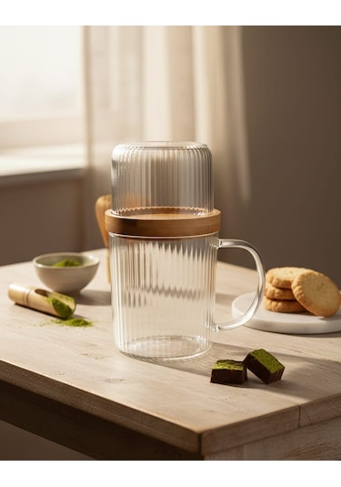 Sunum Fanuslu Bambu Kapaklı Şık Cam Kupa Seti 300ml Cam - Şeffaf