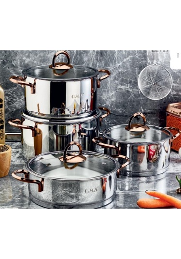 Oms 8 Parça Silindir Ezme Bakır Çelik Tencere Seti 1097-b