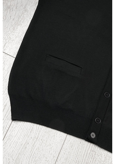 Ön Cepli V Yaka Battal Büyük Boy Düğmeli Yünlü Triko Hırka Siyah