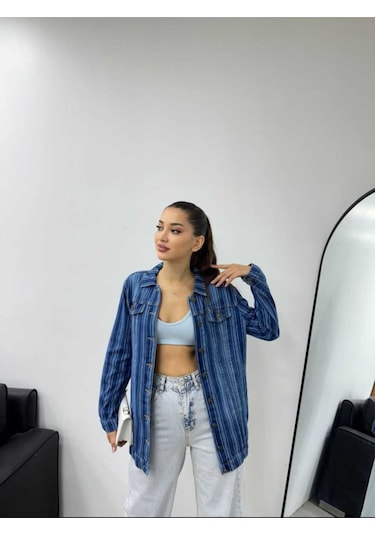 Shevega Kadın Çizgili Mavi Işlemli Boyfriend Kot Ceket Mavi