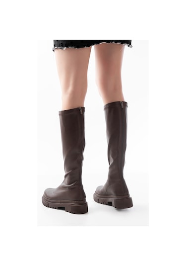 812-301 Kahverengi Streç Arkadan Fermuarlı Günlük Kadın Çizme Kahve Rengi