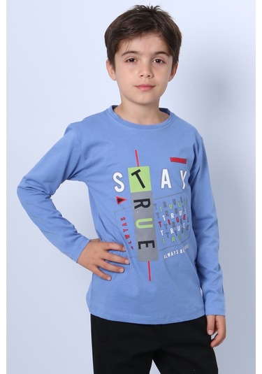 Hçm Erkek Çocuk Uzun Kollu Tshirt Stay True Baskılı Bisiklet Yaka E29 İndigo
