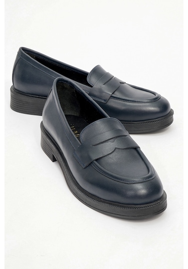Pline Laci Cilt Hakiki Deri Kadın Loafer Ayakkabı Lacivert