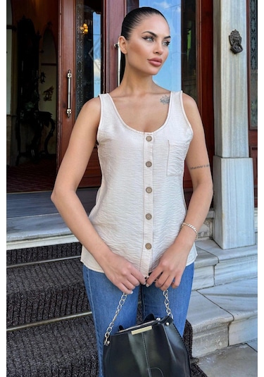 Kadın Bej Yuvarlak Yaka Ve Düğme Detaylı, Kalın Askılı Keten Atlet Bluz Bej