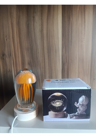 Ahşap Altlıklı Turuncu Renk Deniz Anası Görünümlü Işıklı Küre