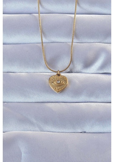 Gold Renk Zirkon Taşlı İşlemeli Göz Detay Kalp Kolye - Ebj240928w28334 Bakır