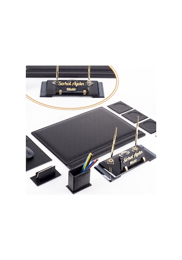 Siyah Hasır Sümen Takımı Elit Kristal Masa İsimliği Lüks Ofis Sümen Seti Ve Masa İsimlik