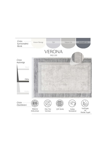 Cool Halı Verona 1902 Gri Salon Koridor Kesme Yolluk Yumuşak Doku Kaymaz Tozmaz Dokuma Makine Halı