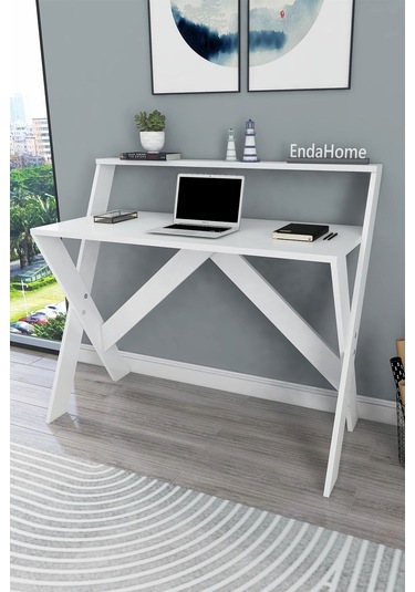 Enda Home X Ayaklı Raflı Ders Çalışma Masası 50x90 Cm Beyaz