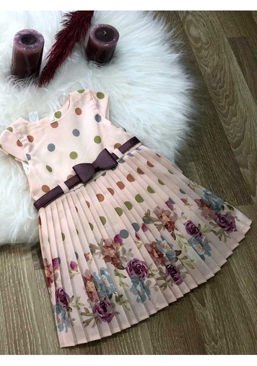 Kız Çocuk Bebek Pembe Puanlı Çiçekli Doğum Günü Hediye Şık Prenses Elbise Pembe