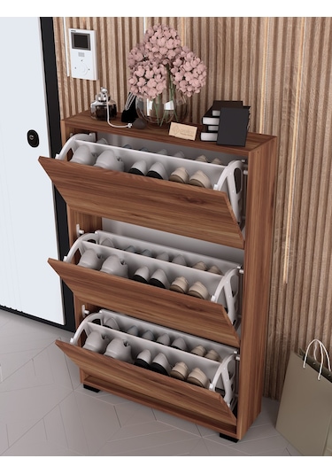 Skeche Düşer Kapak Ayakkabılık Raflı Ayakkabılık 3 Bölmeli Ayakkabılık Ceviz Ceviz
