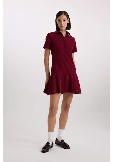 Defacto Polo Yaka Basic Düz Kısa Kollu Pileli Mini Elbise D4203AX24AUBR118