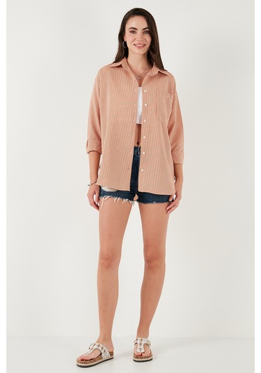 Lela Regular Fit Uzun Kollu Cepli Çizgili Bayan Gömlek 6772895 Kiremit