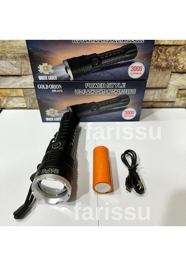 Gold Orion Or-a72 Alüminyum Alaşımlı El Feneri 100w Güç, 3000 Lümen, 1500 Metre Menzil Siyah