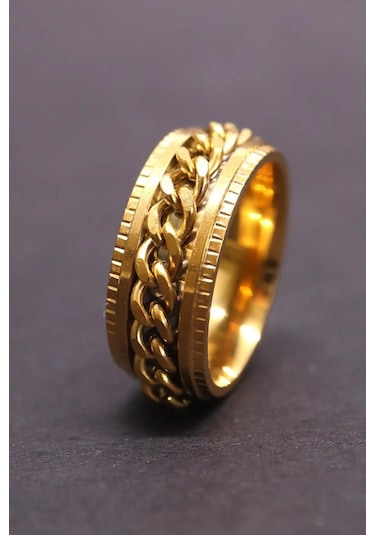 Ortası Dönebilen Zincirli Erkek Kadın Anti-stres Çelik Alyans Yüzük Cl43 Altın - Yeşil