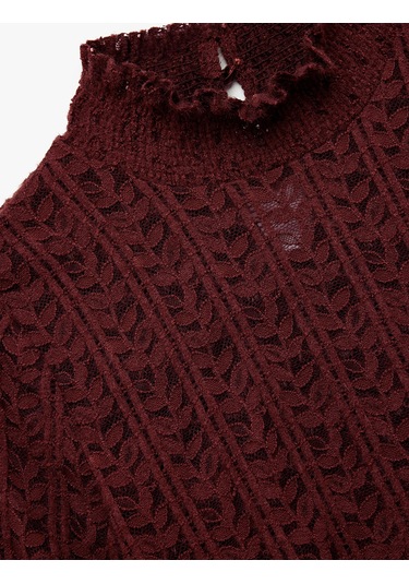 Koton Uzun Balon Kollu Fırfırlı Dik Yaka Dantelli Bluz Bordo 6wak80190ek Bordo