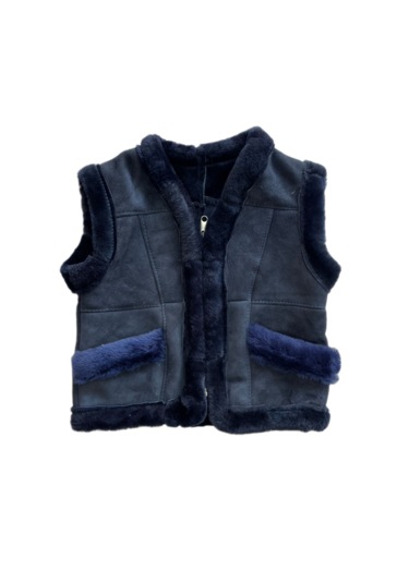 Patchwork İçi Kürk-dışı Süet Gerçek Deri Çocuk Yelek Lacivert