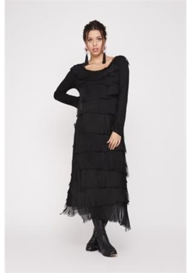 Italyan 2 Beden İnce Gösteren Kat Kat Uzun Kol Taşlanmış İpek Elbise-9189 Siyah