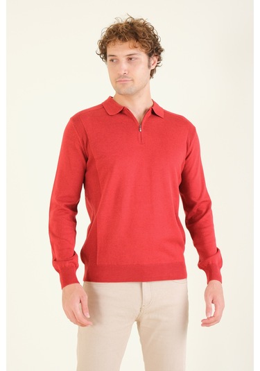 Giyim Dünyası Erkek Yarım Fermuarlı Polo Yaka Kazak Kırmızı 001
