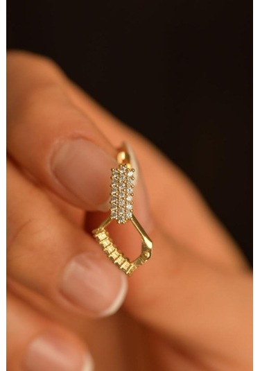 Zirkon Taşlı Gold J Klips Minimal Gümüş Küpe