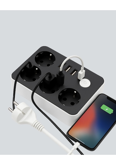 4.1a Hızlı Şarjlı Akım Korumalı 4 Priz Ve 3 Usb Çıkışlı Priz