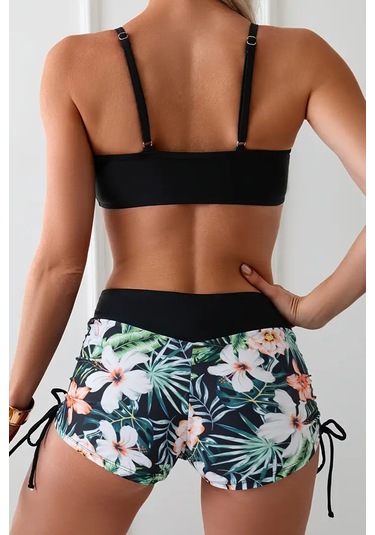 Angelsin Büzgü Ayarlı Baskılı Bikini Takımı Siyah