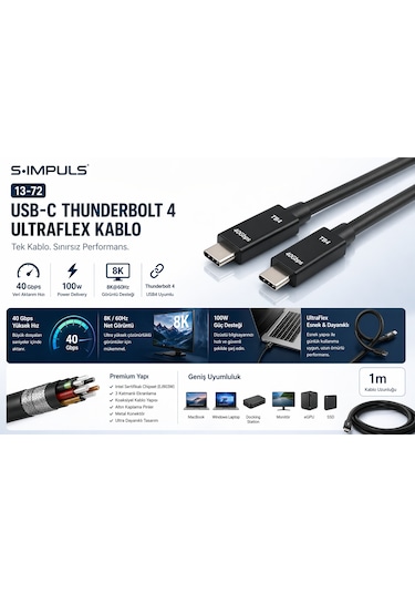 S-ımpuls Usb-c Thunderbolt 4 Ultraflex Kablo 40gbps, 100w Pd, 8k Video, Usb4 Uyumlu 2 Metre