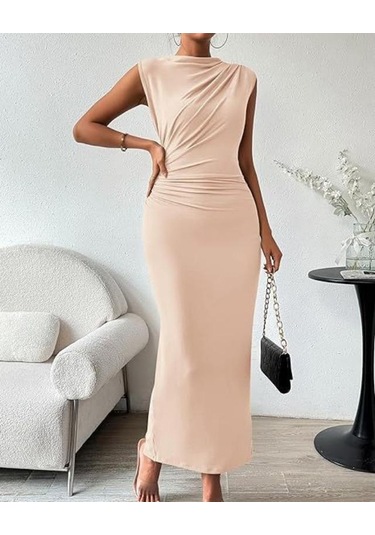 Yaz Kadın Elbisesi Kolsuz Sırt Yırtmaçlı Pileli Dar Elbiseler Kayısı