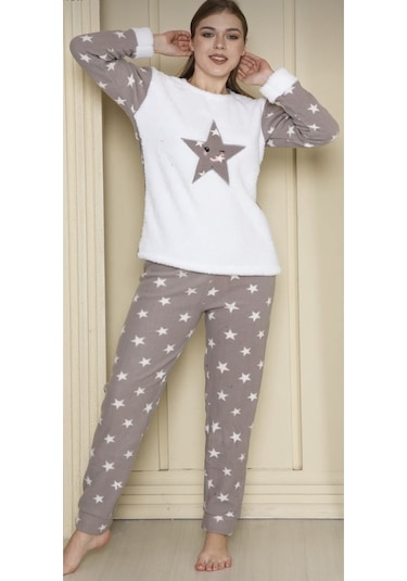 Fames Pijama Büyük Beden Polar Pijama Takım Gri-beyaz