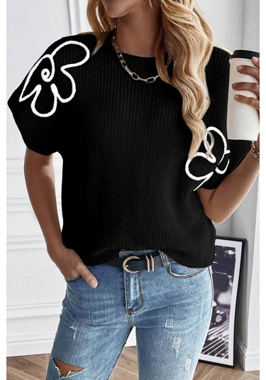 Kadın Çiçek Detaylı Triko Bluz Siyah