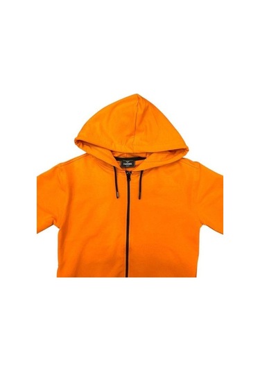 Erkek Çocuk Kapüşonlu Fermuarlı Pamuklu Hırka-15355 Turuncu