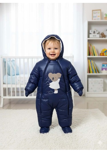 Bebek İçi Kürklü Çıkabilen Patik Ve Eldivenli Astronot Tulum Lacivert