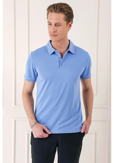 Slim Fit Düğmeli Polo Yaka Pamuklu Mavi Tişört Ts 879 Mavi