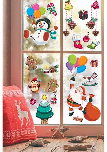 Balonla Uçan Noel Baba Ve Kardan Adam Yılbaşı Süsleri Pencere Duvar Sticker