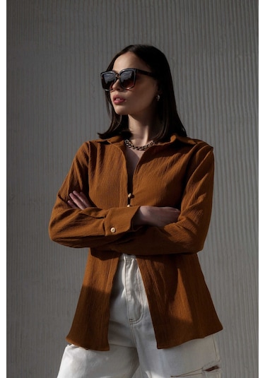 Mai Collection Mai Studios Co. Morrow Ahşap Düğme Detay Kiremit Gömlek Kiremit