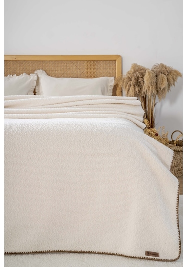 Krem Valencia Sherpa Çift Kişilik Peluş Battaniye Krem