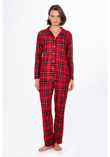 Kadın Süet Önden Düğmeli Pijama Takımı Ekose Kırmızı Kırmızı - Siyah