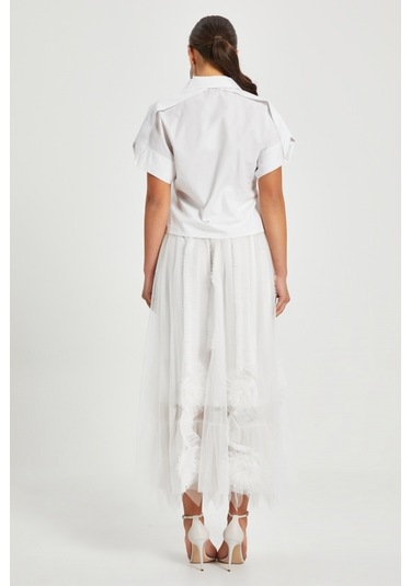 Kadın Tül Detaylı Uzun Etek Astarı Elastan Karışımlı, Özel Tasarım Beyaz